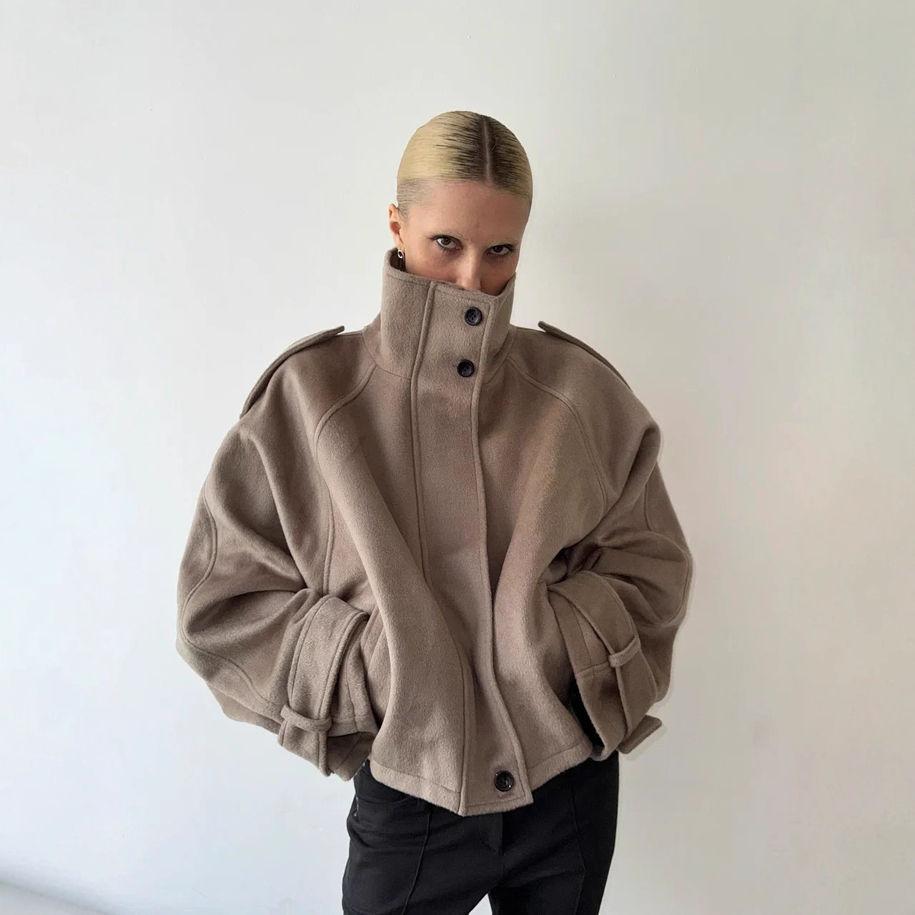 Women's Wool-Blend Coat with Stand Collar and Single-Breasted Button Front
