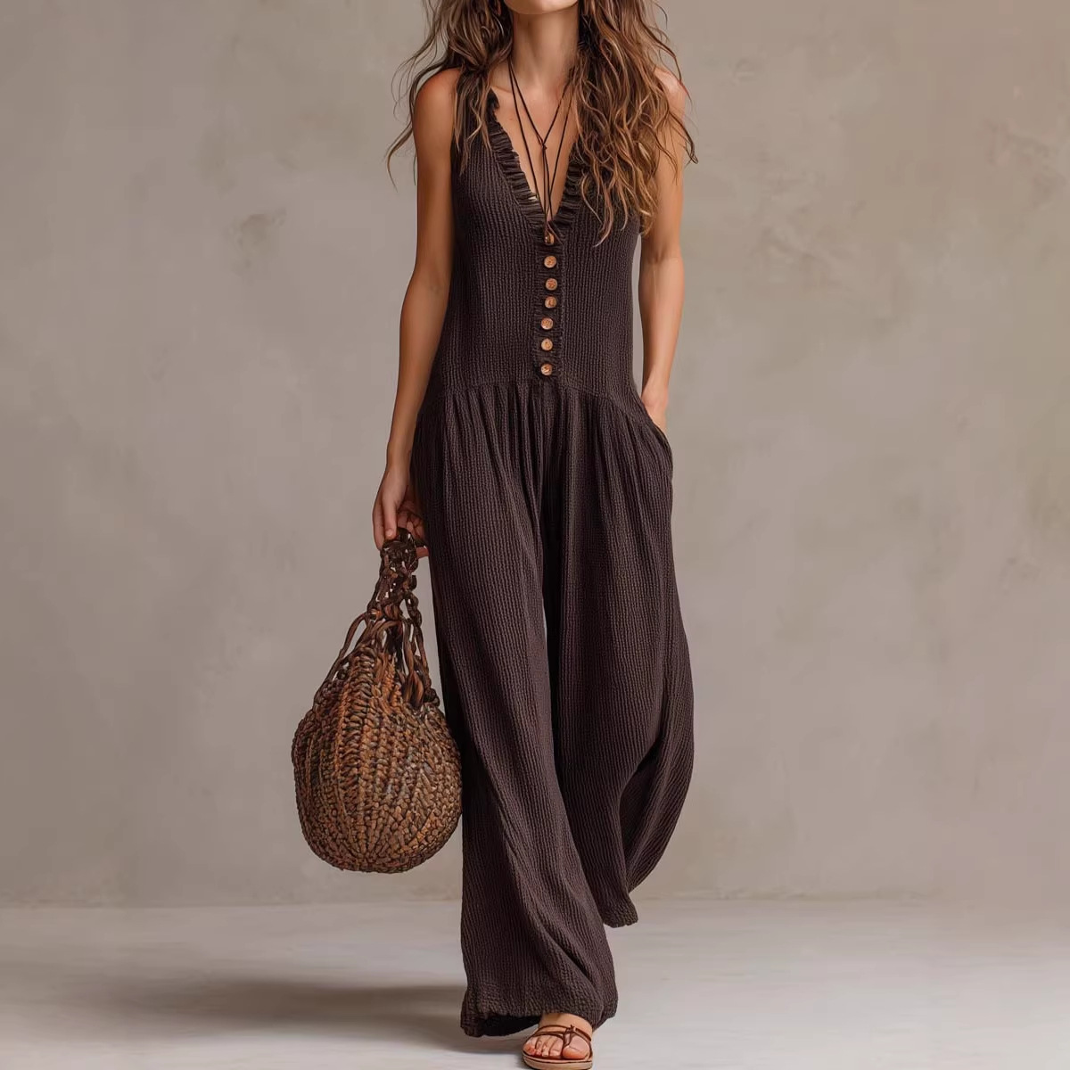 Women's V-Neck Sleeveless Wide-Leg Knit Jumpsuit