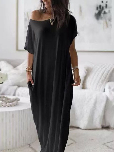 Women's Off-Shoulder Short Sleeve Casual Dress with Pockets