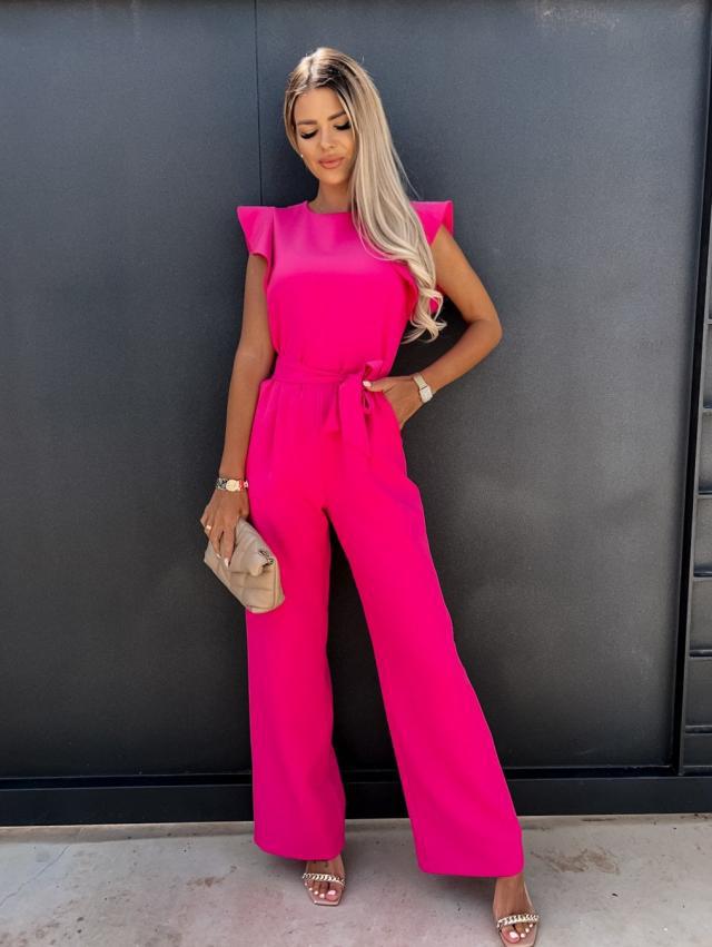 High-Waist Tie-Waist Solid Color Jumpsuit for Women
