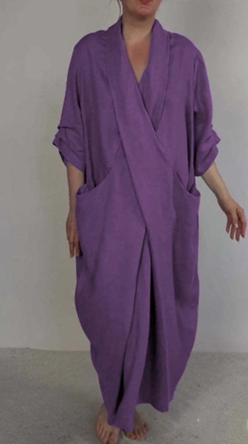 Women's V-Neck Split Hem Casual Dress Solid Color Loose Fit Long Dress