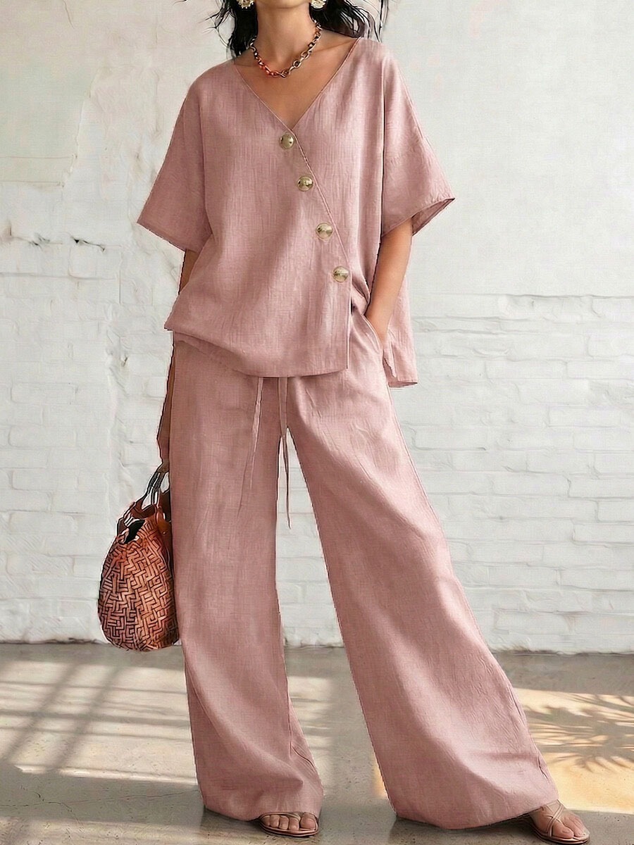 Women's Casual Solid V-Neck Short Sleeve Top and Drawstring Pants Two-Piece Set