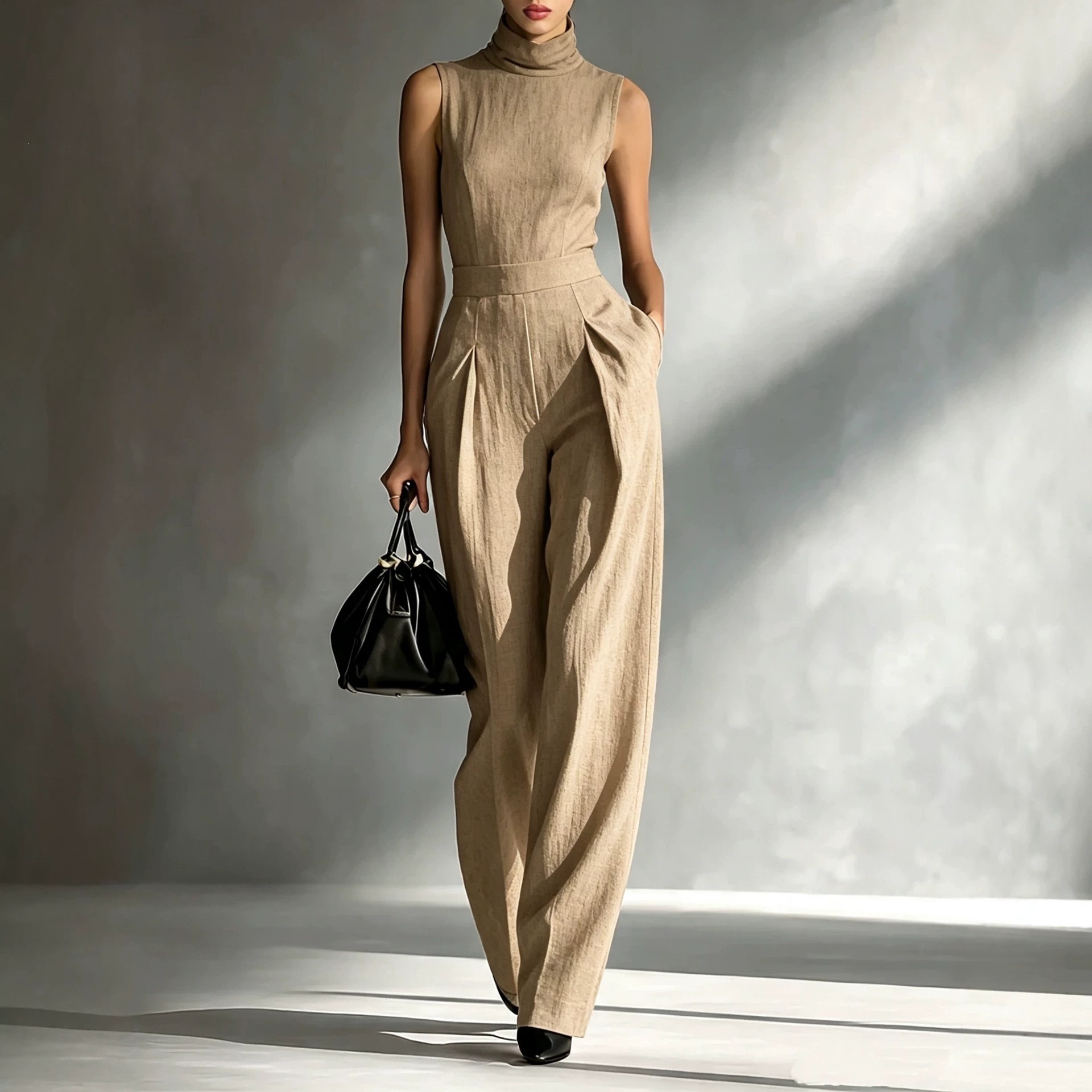 Sleeveless High Neck Wide Leg Jumpsuit with Cinched Waist