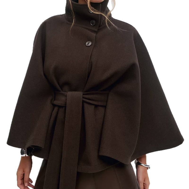 Women's Solid Color Wool-Blend Cape Coat with Stand Collar and Belt