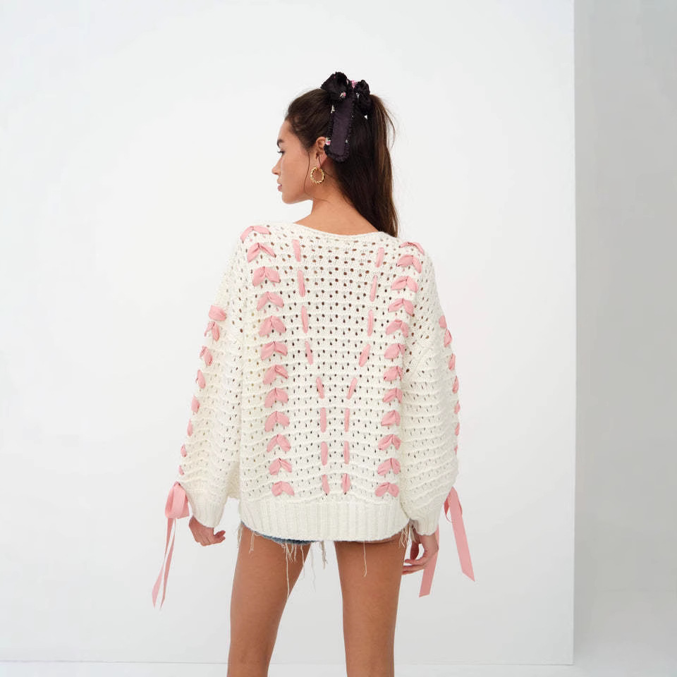 Ribbon-Trim Crewneck Sweet Pullover Sweater