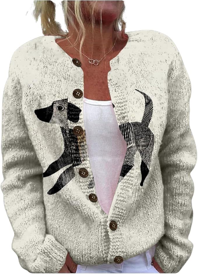 Women's Animal Pumpkin Maple Leaf Print Button Cardigan