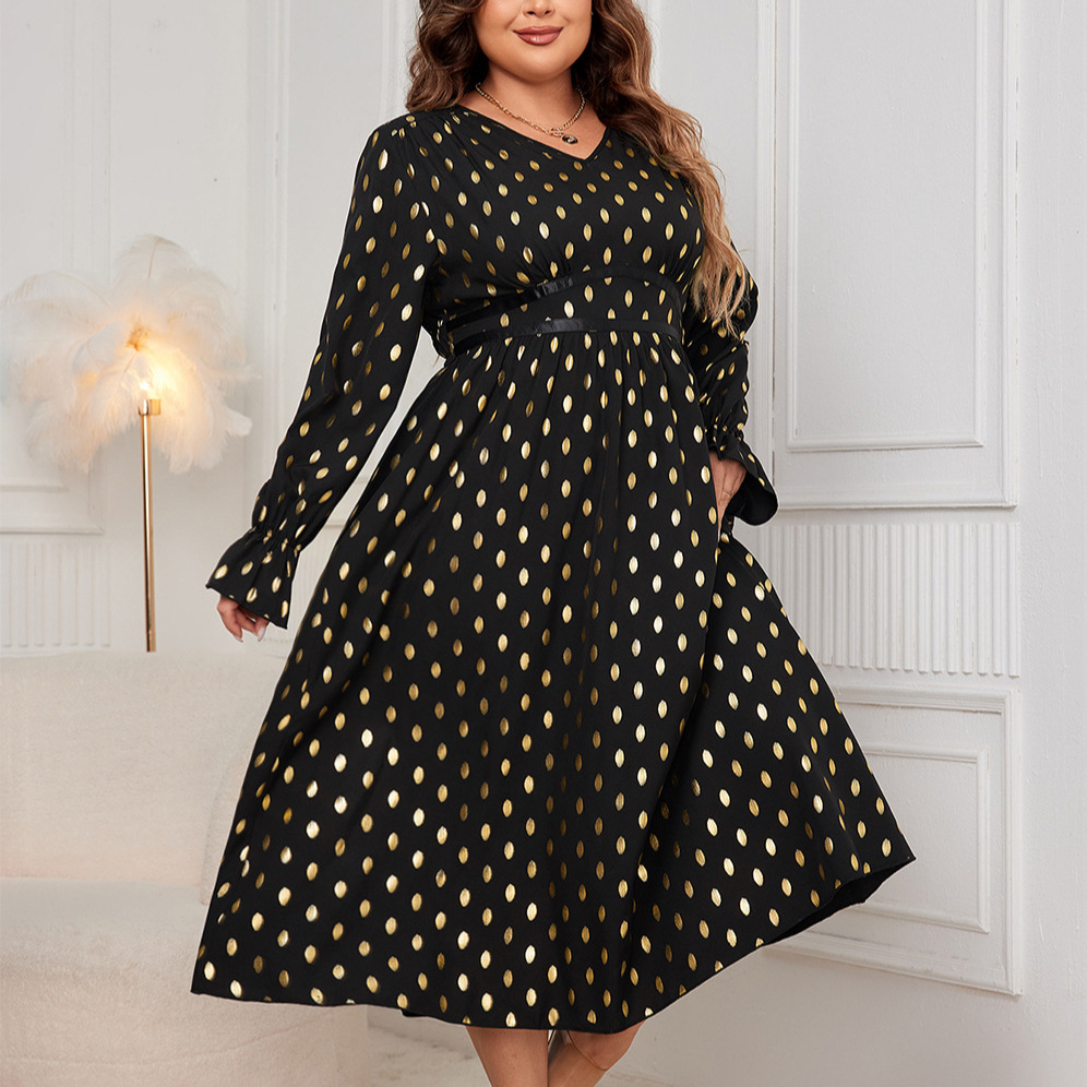 Polka Dot V-Neck Long Sleeve High Waist Maxi Dress