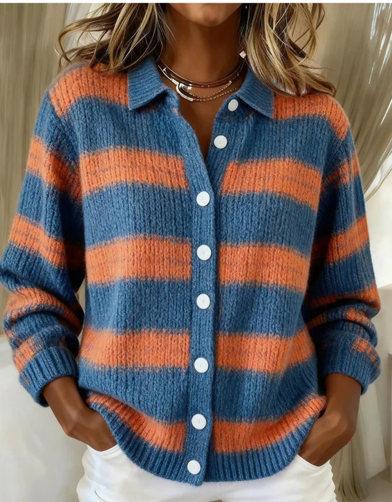 Women's Collared Button-Front Cardigan Sweater, Solid 3D Print Knit, Loose Fit