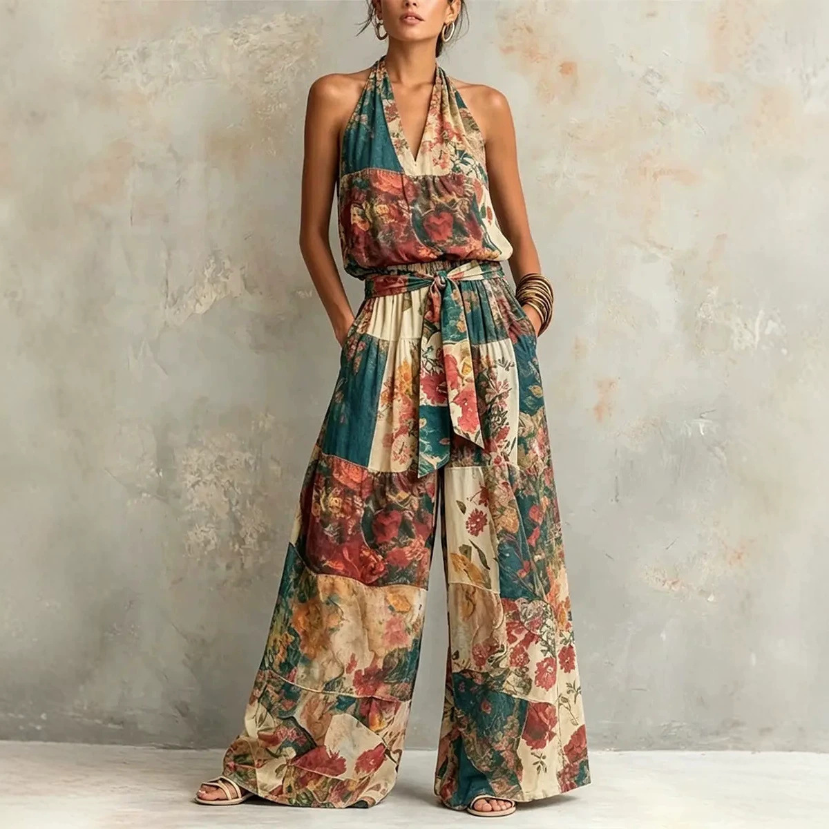Women's Summer Casual Plaid Print Sleeveless Jumpsuit