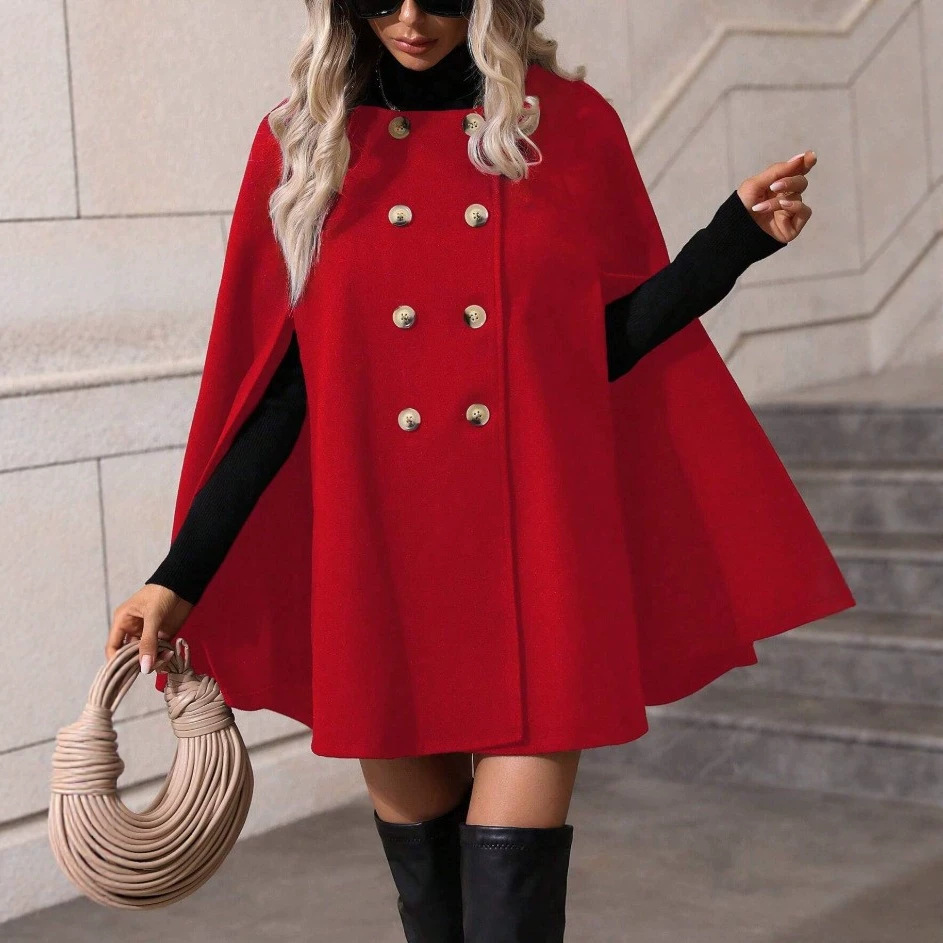 Women's Wool-Blend Cape Coat Double-Breasted Mid-Length Loose Fit