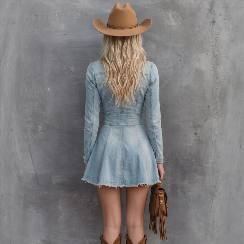 Women's V-Neck Denim Mini Dress Long Sleeve Casual