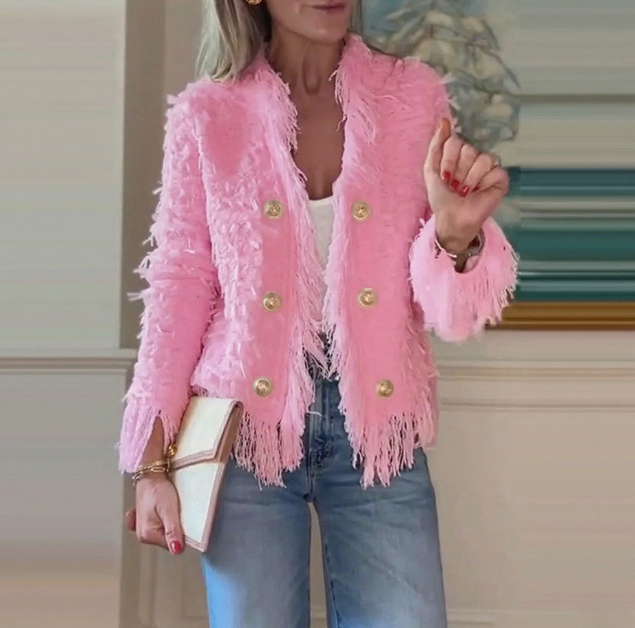 Elegant Fringe Metal Button Cardigan Jacket for Women