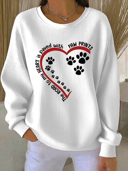 Women's Animal Wine Glass Paw Print Heart Print Crewneck Sweatshirt