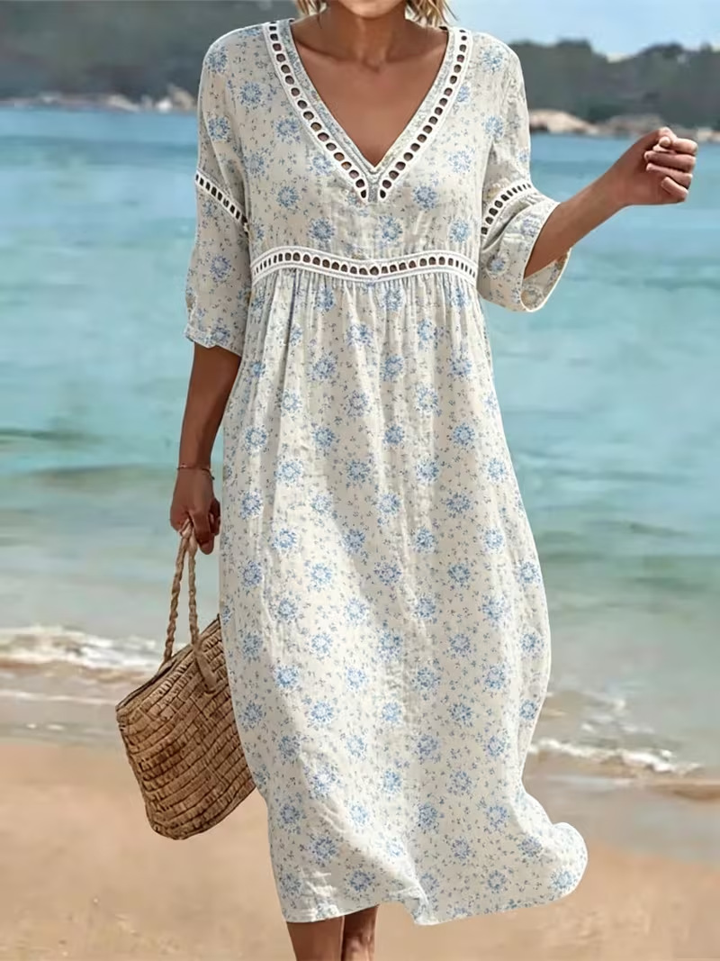Women's Floral Polka Dot Print Pleated Midi Dress