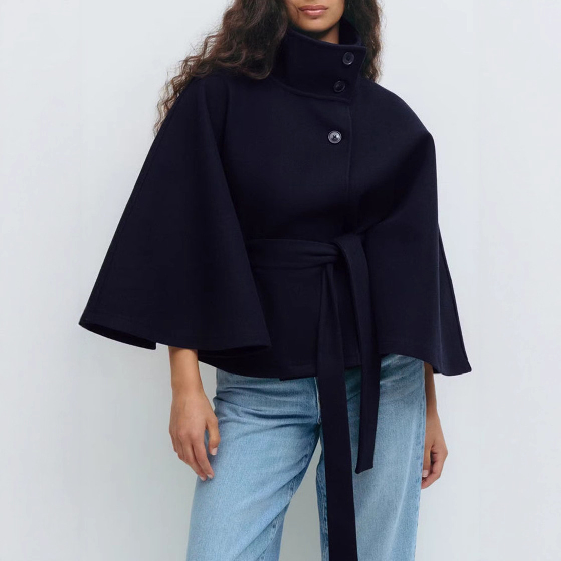 Women's Solid Color Cape-Style Trench Coat with Stand Collar, Button and Belt