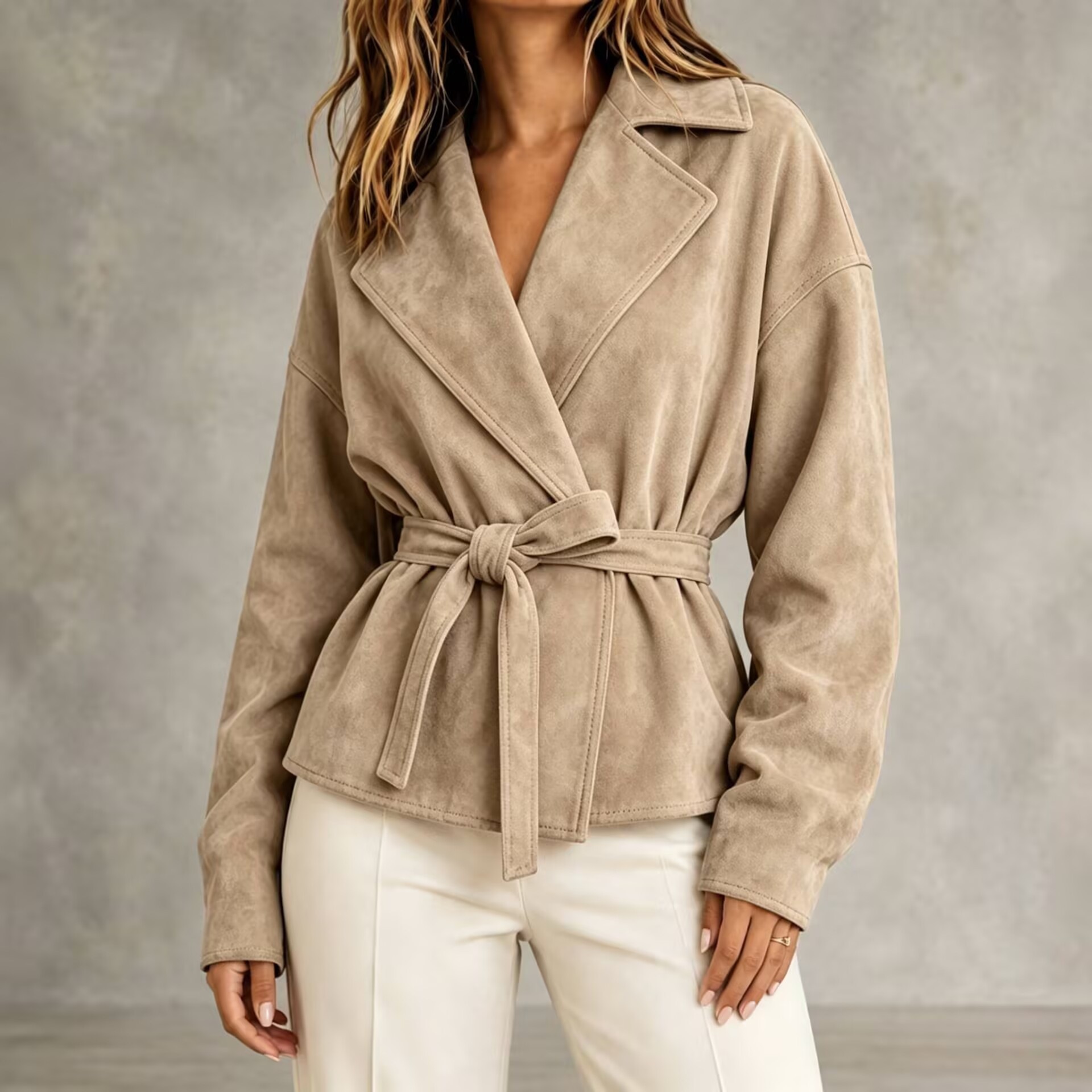 Faux Suede Belted Short Jacket with Lapel Collar