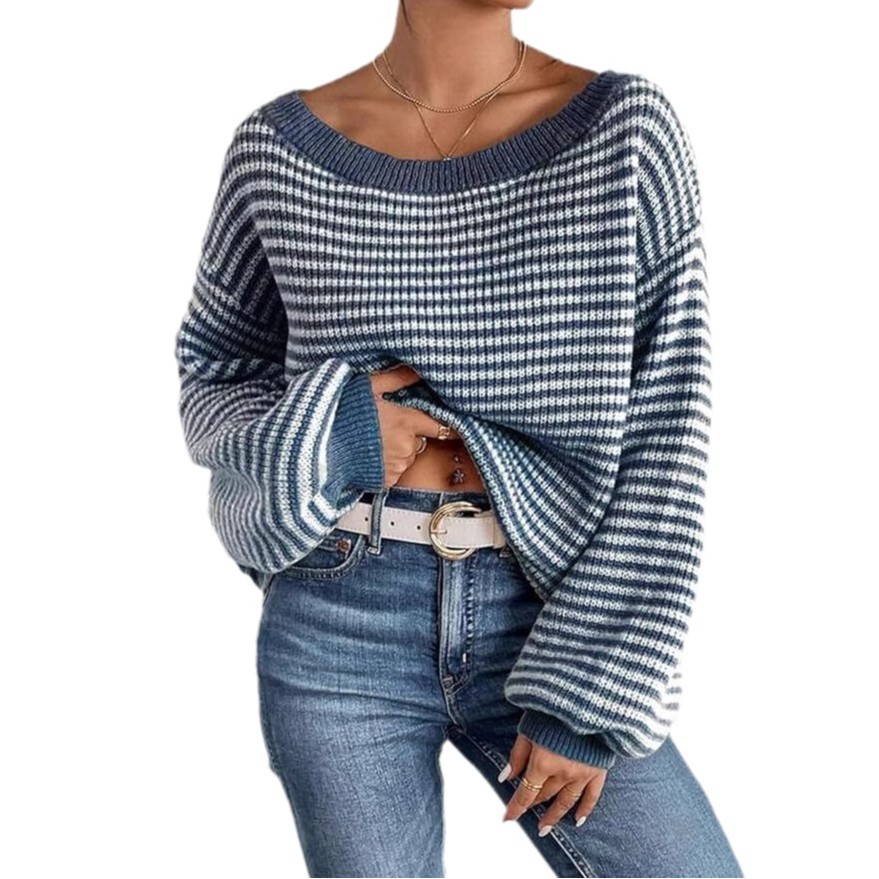 Striped One-Shoulder Lantern Sleeve Sweater
