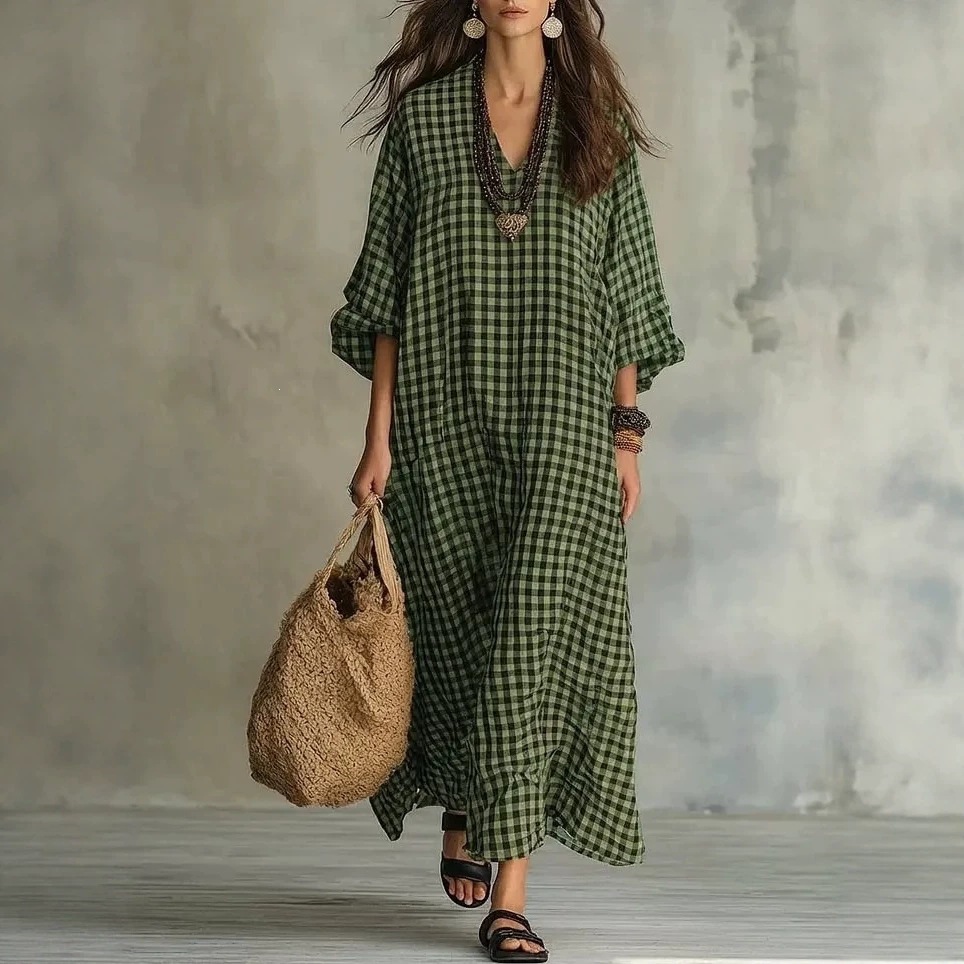 Women's Retro Plaid Loose Cotton-Linen Dress V-Neck A-Line Midi