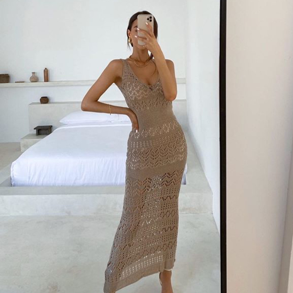 V-Neck Sleeveless Cutout Knit Bodycon Midi Dress