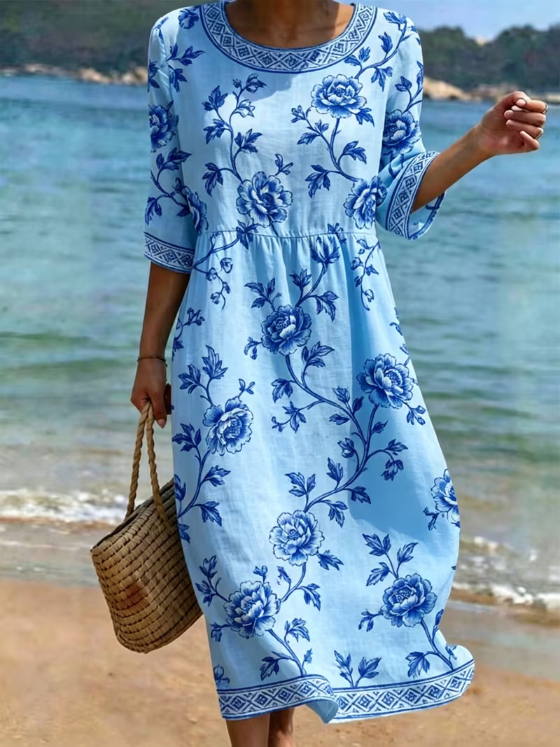 Women's Vintage Floral Print Pleated Midi Dress