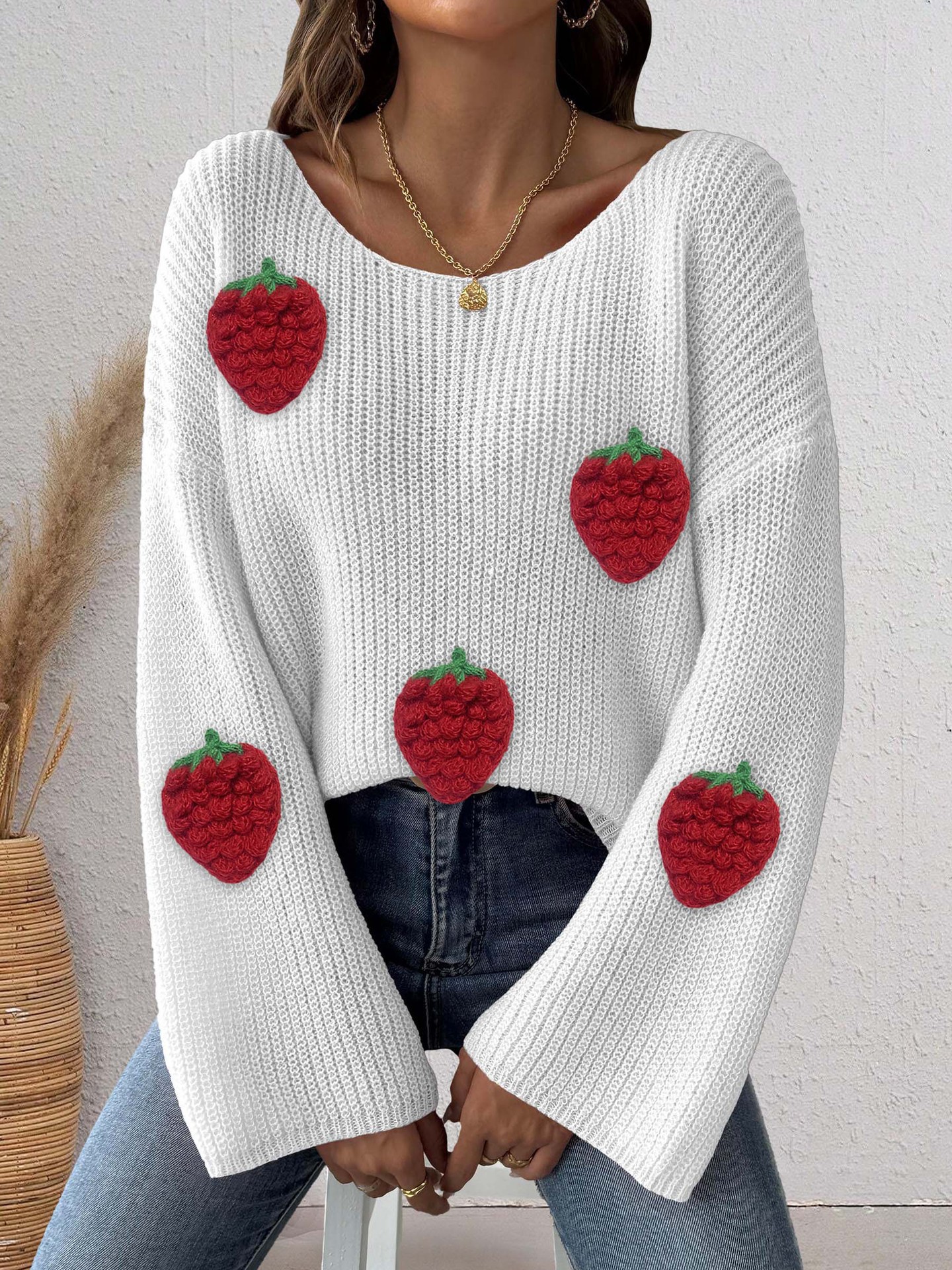 Women's Strawberry Applique Off-Shoulder Bell Sleeve Sweater