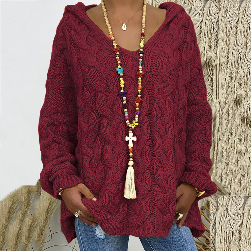 Women's Cable Knit V-Neck Hooded Pullover Sweater
