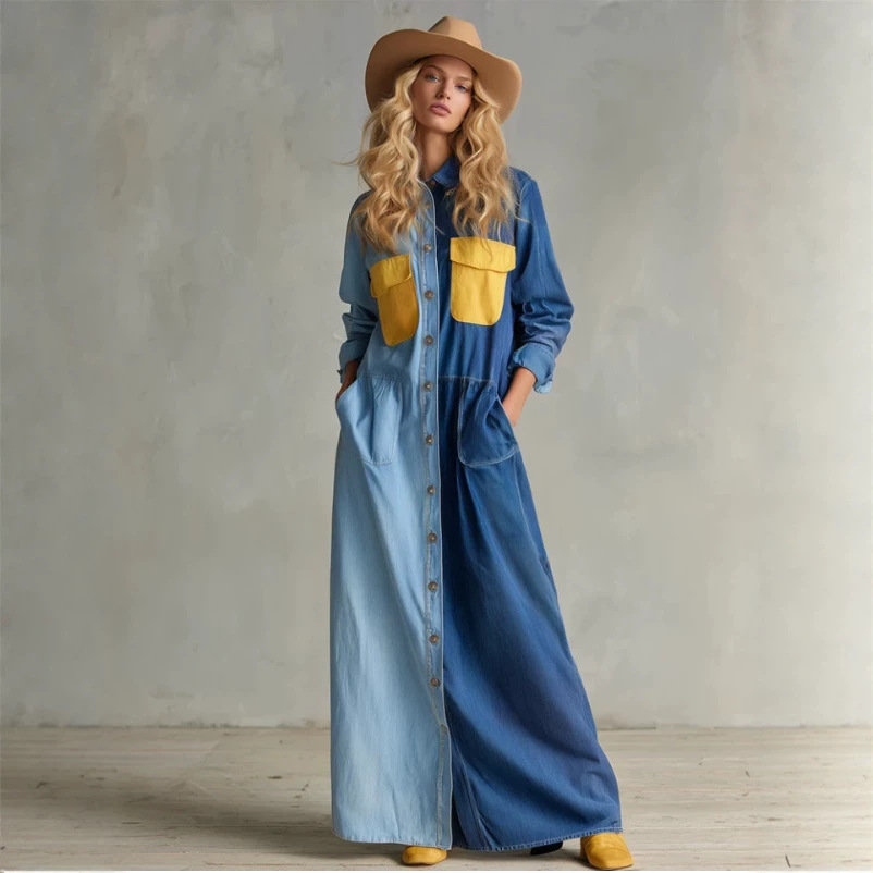 American Retro Color-Block Denim Long Dress