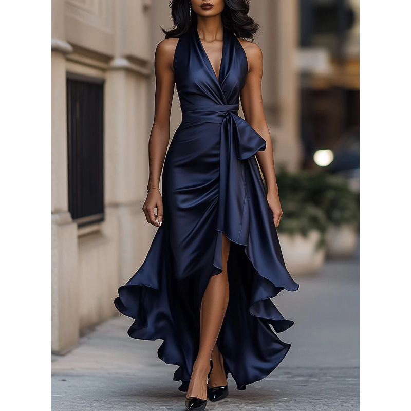 Satin V-Neck Sleeveless Ruched Ruffle Dress