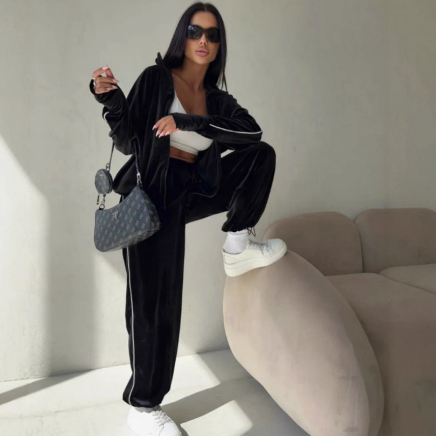 Women's Solid Corduroy Long Sleeve Zip-Up Hoodie and Pants Set