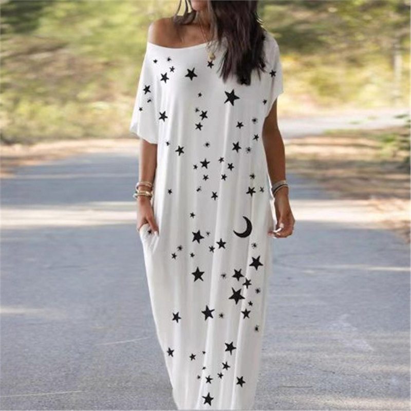 Moon Star Print Short Sleeve Round Neck Maxi Dress with Pockets
