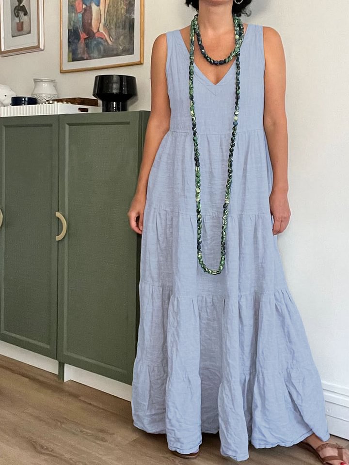 Women's Solid V-Neck Sleeveless Linen-Blend A-Line Maxi Dress