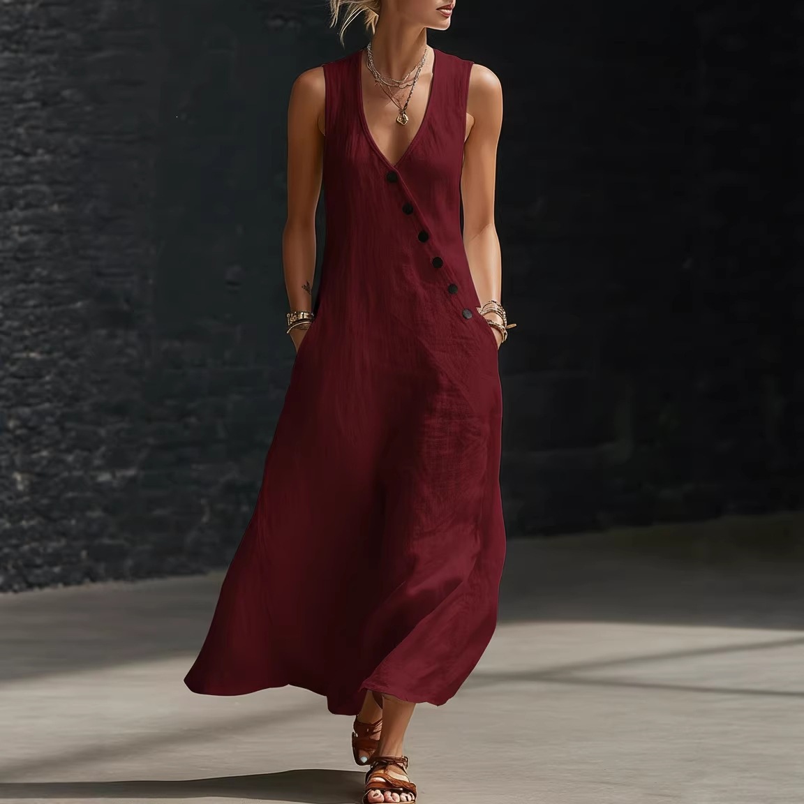 V-Neck Button-Front Cotton-Linen Sleeveless Maxi Dress