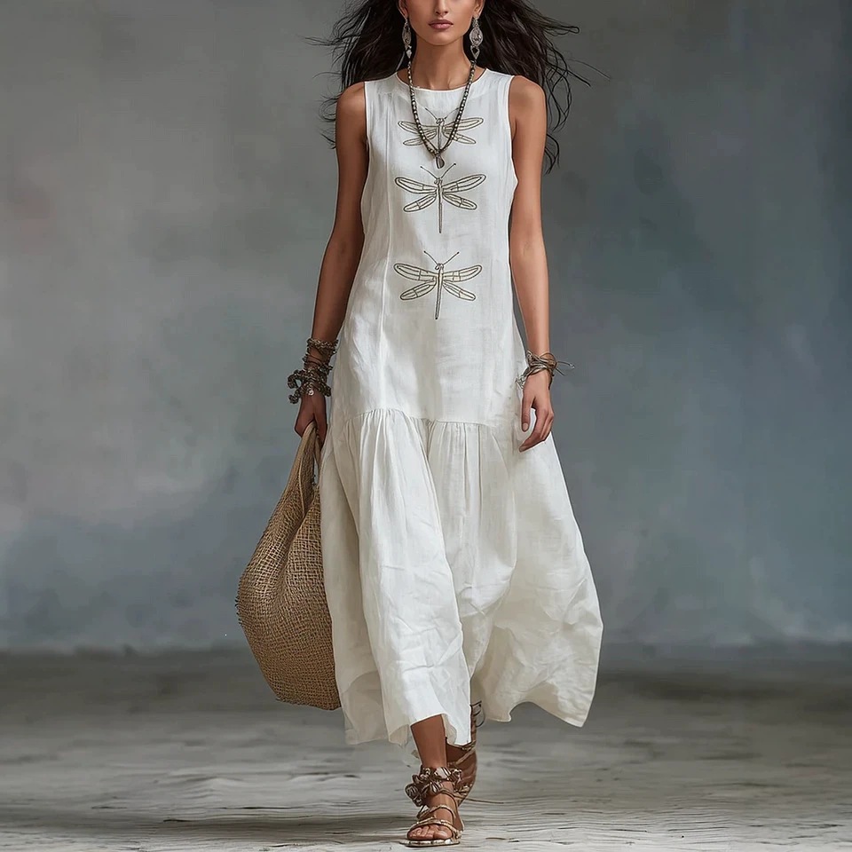 Women's Casual Round Neck Loose Sleeveless Solid Color Dragonfly Dress