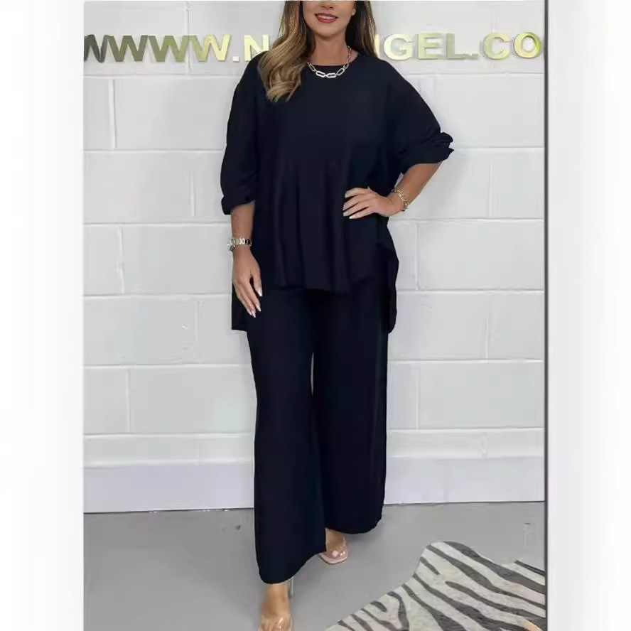 Acetate Satin Wide-Leg Pants Set with Lantern Sleeve Top