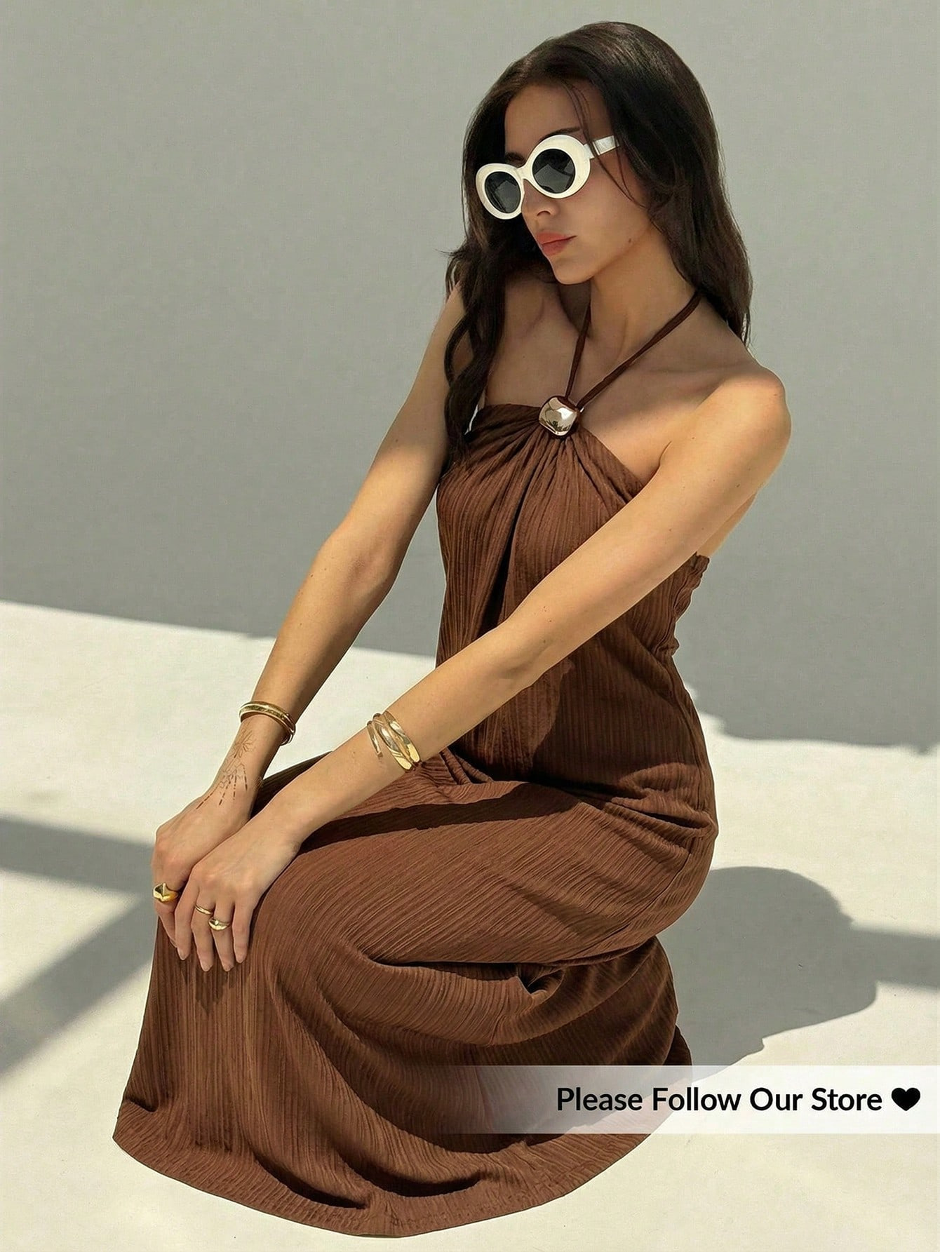 Solid Color Tie-Neck Halter Open-Back Slim-Fit Long Dress