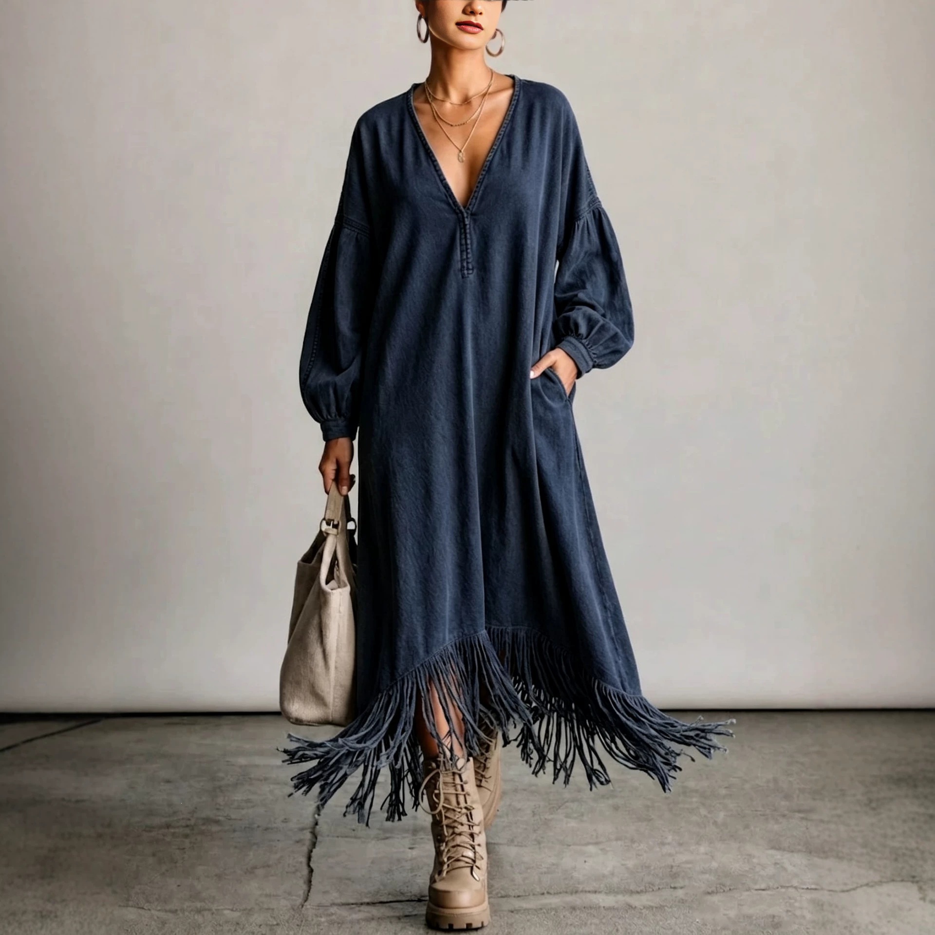 Distressed Washed V-Neck Lantern Sleeve Fringe Maxi Dress with Pockets