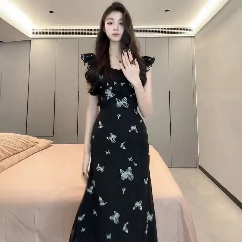 French Floral Midi Dress with Ruffle Sleeves Black