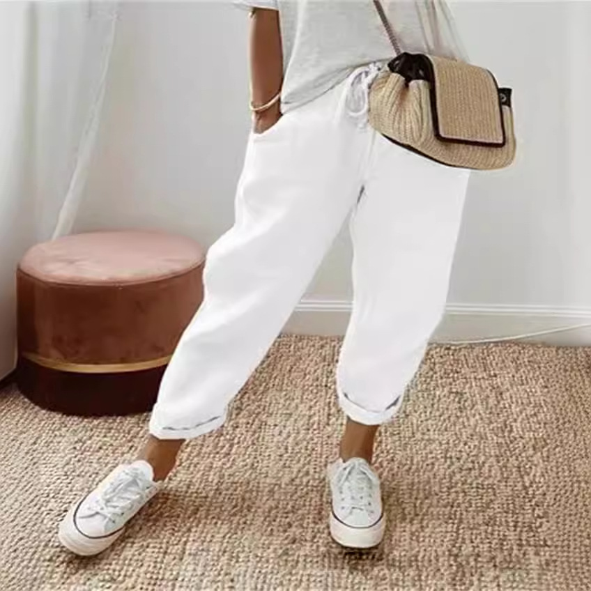 Women's Cotton-Linen Elastic Waist Cropped Pants Casual Loose Fit