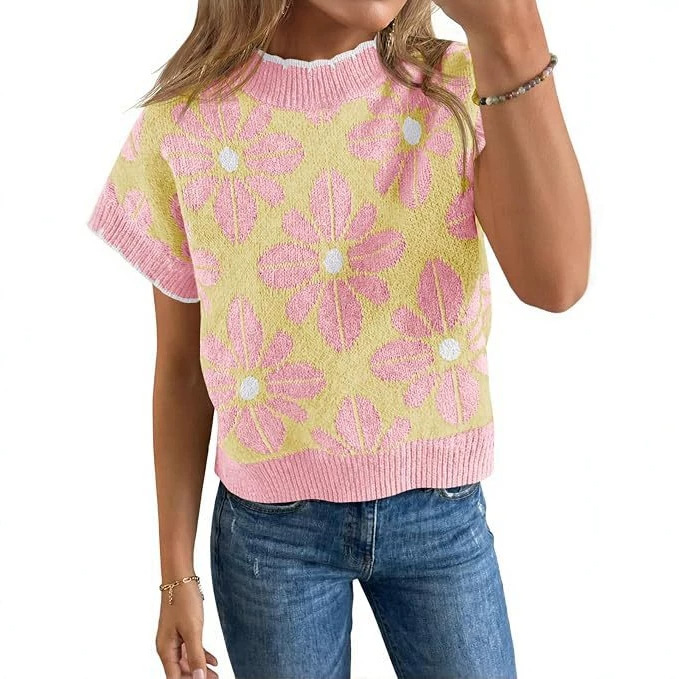 Women's Floral Knit Short Sleeve Sweater Vintage Crew Neck Loose Summer Pullover