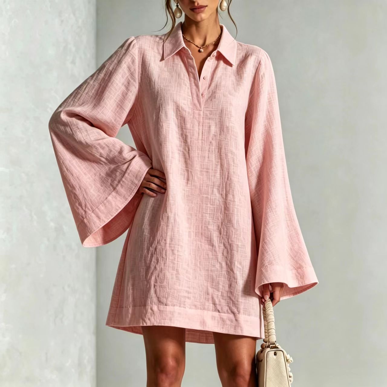 Women's Solid Color Flare Sleeve Dress with Lapel Collar, Loose Casual Midi