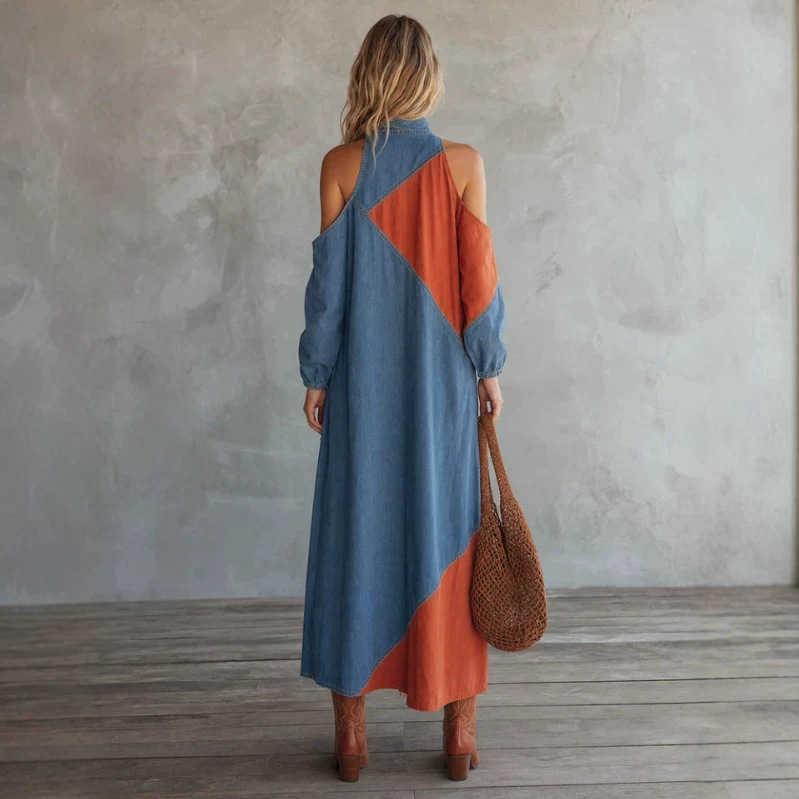 Stand Collar Zip Colorblock Asymmetric Denim Dress