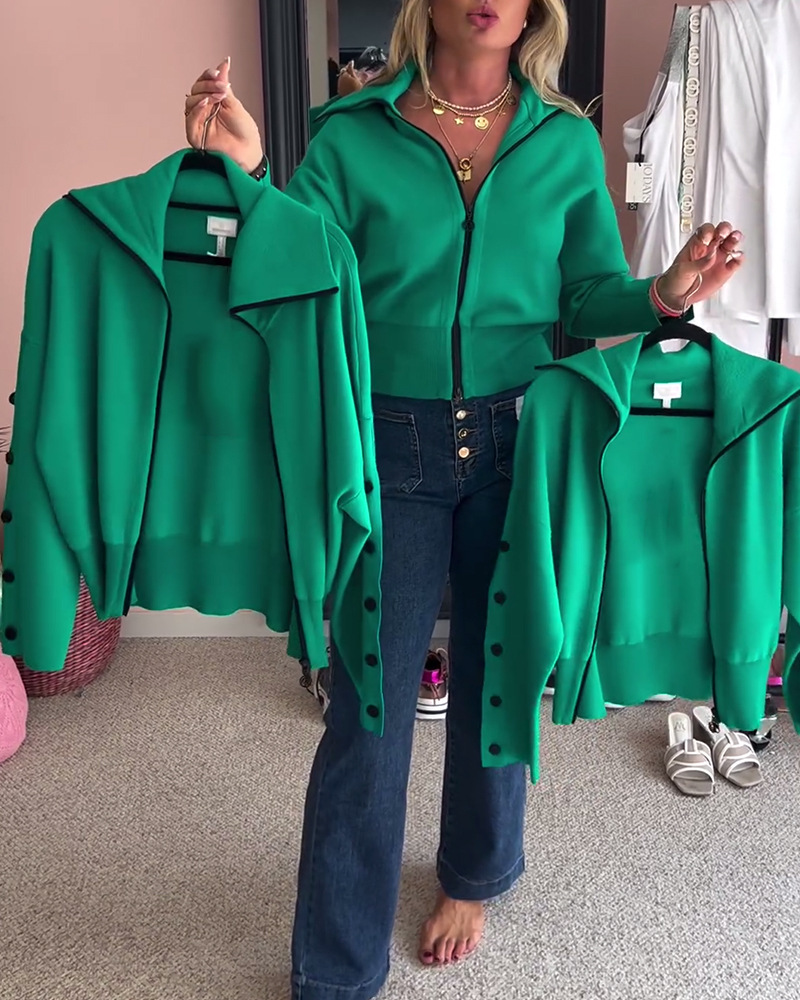 Women's Solid Color Button Lapel Zip Long Sleeve Jacket
