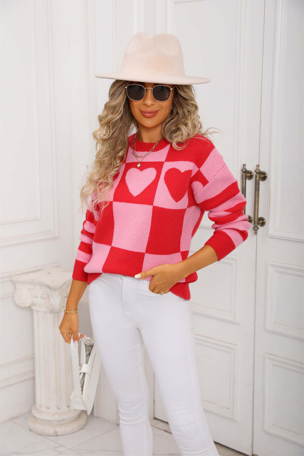 Colorblock Plaid Heart Pullover Sweater