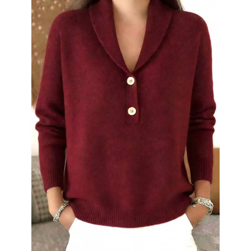 Women's Knit Button Polo Sweater Solid Color Casual Loose Fit Long Sleeve