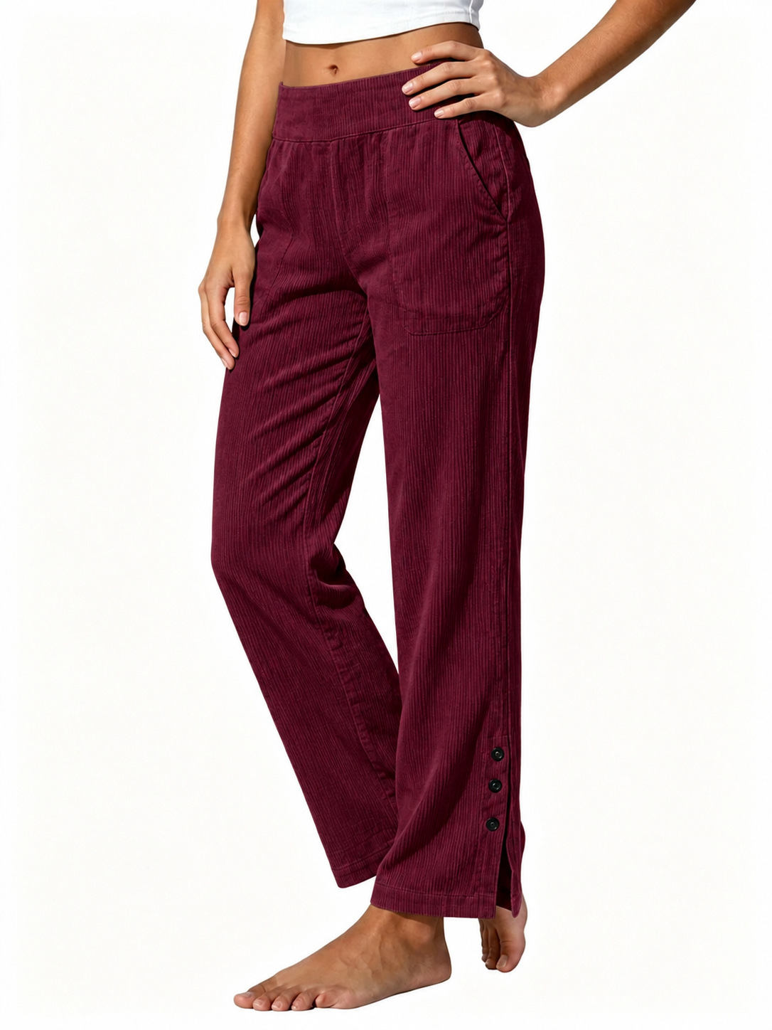 2026 European & American Cross-Border Women's Corduroy Casual Straight-Leg Pants High-Waist Loose Side-Pocket Slit Button Trousers for Women