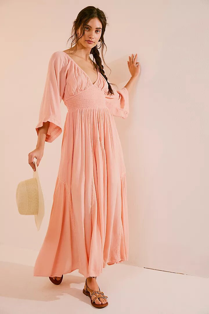 V-Neck Midi Sleeve Bodycon Solid Color Beach Dress