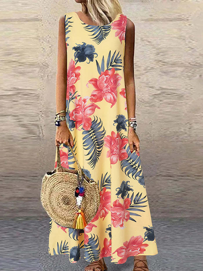 Women's Vintage Floral Print Long Sleeve Round Neck Loose Long Dress