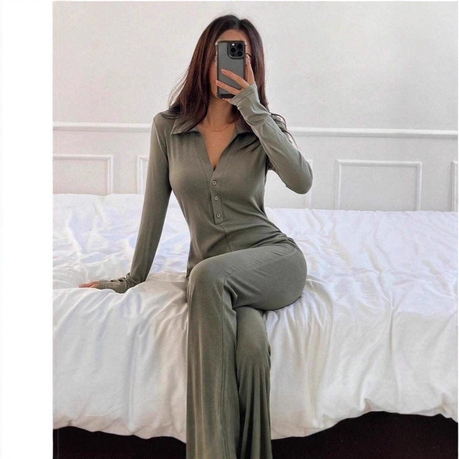 Polo Neck Long Sleeve Button Knit Jumpsuit Slimming Butt-Lifting