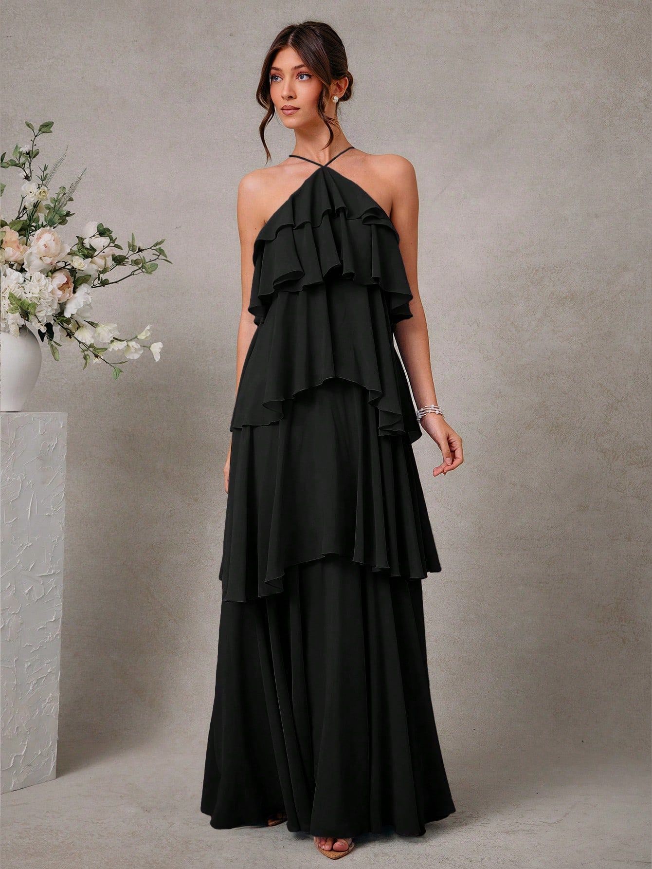 Halter Neck Ruched Open Back Asymmetric Ruffle Maxi Dress