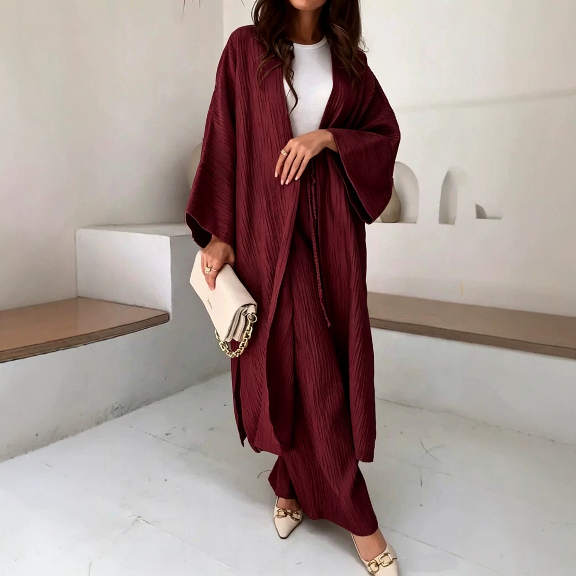 Minimalist Crinkle Textured Two-Piece Set with Long Kimono Sleeve Cardigan and High-Waist Wide-Leg Pants